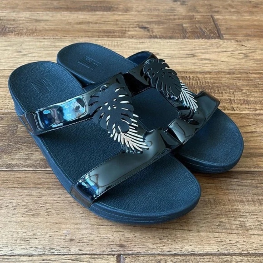 FitFlop Lottie Jungle Leaf Patent Slide Sandals Black Comfort Size 11